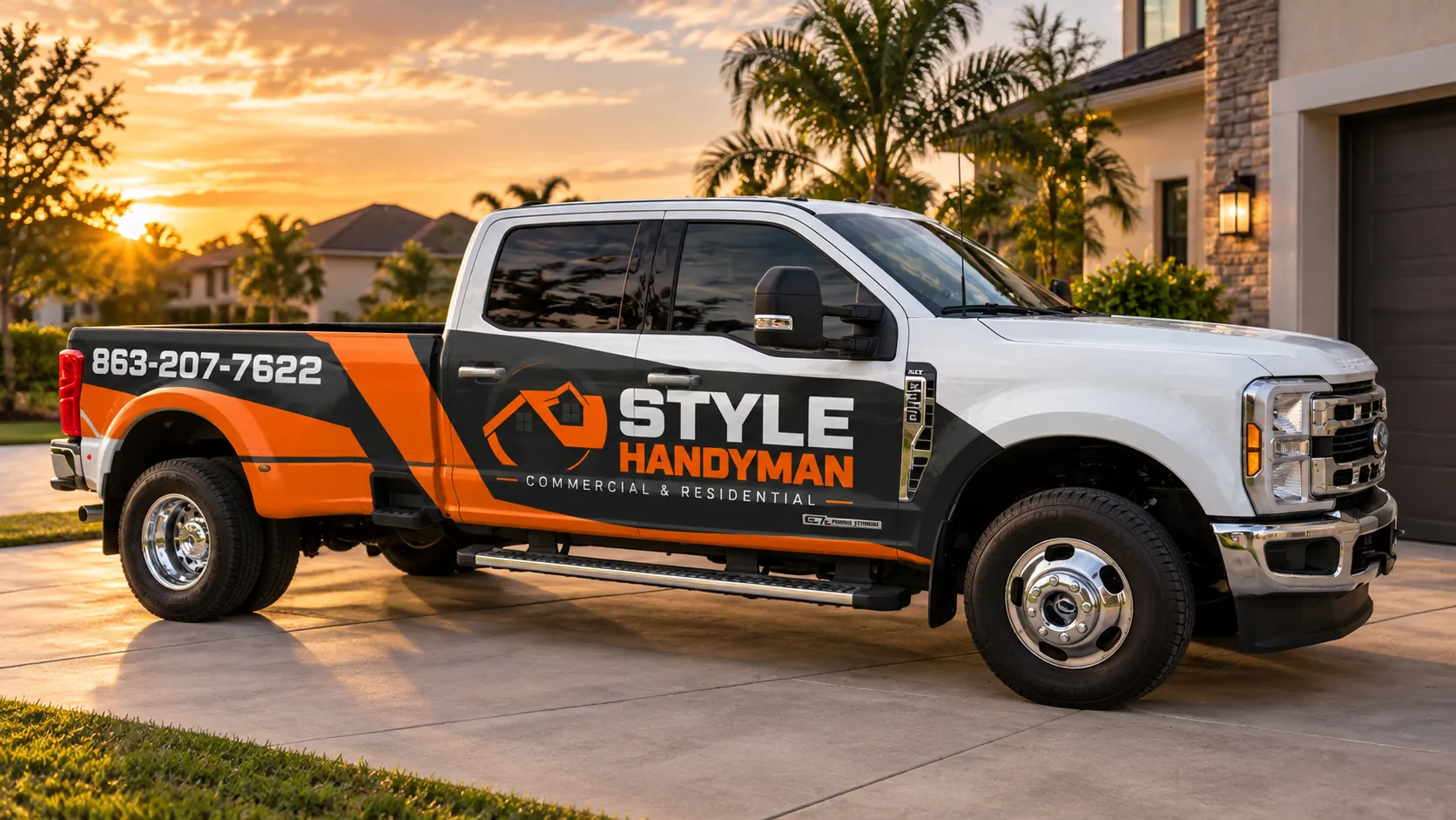 Style Handyman orange-and-black wrap concept on a white Ford truck parked outside a home